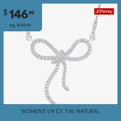 Diamond Clarity: I3Jewelry Closure: Spring Ring ClaspLink Construction: SolidSetting: ProngShape: BowStone Cut: RoundDiamond Color: JMetal Color: WhiteChain Length: 18 InchChain Width: 1 MillimetersPendant Length: 24mmPendant Width: 17.7mmRounded Carat Weight: 1/8 Ct. T.w.Chain Construction: RopeCare: Wipe CleanStone Type: 78 Natural DiamondAuthenticity: Natural DiamondBirthstone: April BirthstoneMetal: Sterling SilverNecklace Type: Pendant NecklacesCountry of Origin: Imported Mother's Day Fine Jewelry Diamond Necklace, Valentine's Day Gift Diamond Necklace, Bow Pendant, Silver Bow, Diamond Clarity, Spring Rings, White Diamond, Pendant Necklace, Sterling Silver