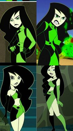 an animated character with green and black hair, in four different stages of her life