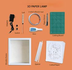 the contents of a 3d paper lamp displayed on an orange background