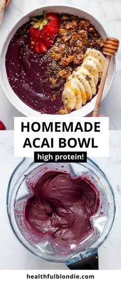 homemade acai bowl with berries, bananas and granola in the bottom right side