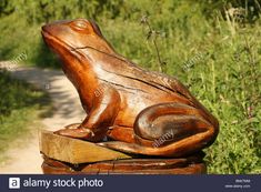 a wooden frog statue sitting on top of a piece of wood in the middle of a field