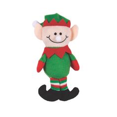 a small stuffed toy with a green and red outfit on it's head, smiling