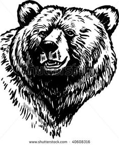 a black and white drawing of a bear's head