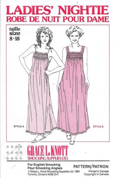 NIGHTGOWN, LONG NIGHTIE ENGLISH SMOCKING SEWING PATTERN SIZE 8 10 12 14 16 18 LADIES WOMEN MISSES BY:  GRACE L KNOTT SMOCKING SUPPLIES, TORONTO ONTARIO 1980s FLOOR LENGTH SPAGHETTI STRAPS WITH STRING TIES AT SHOULDER OR WIDE STRAPS BEAUTIFUL SMOCKED PATTERN IN 2 STYLES AS SEEN IN SCAN. UNCUT WITH FACTORY FOLDS!  IN EXCELLENT CONDITION. Nightie Pattern, English Smocking, Wedding Dress Sewing Patterns, Smocking Pattern, Nightgown Long, Nightgown Pattern, Family Christmas Stockings, Sewing Wedding Dress, Girls Special Occasion Dresses