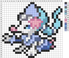 a cross stitch pattern with an image of the pokemon character in blue, pink and black