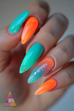 Add a pop of color with these green and orange neon nails with glitter accents. Perfect for neon nail designs that shine bright in the summer sun. For more neon nail inspo, visit nailhow.com. Lime Nails, Neon Anime, Neon Nail Art, Nails Neon, Neon Summer, Neon Nail Designs, Summer Nail Ideas, Orange Nail, Nail Acrylic