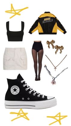 an assortment of clothing and accessories including shoes, shorts, tights and converse sneakers