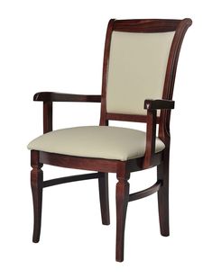 a wooden chair with beige upholstered seat and armrests on an isolated white background