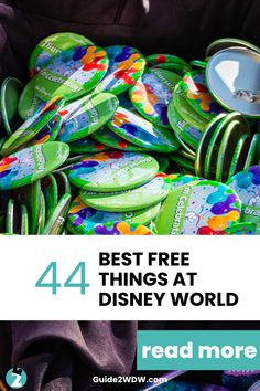 the words, best free things at disney world read more on top of a pile of green and blue plates