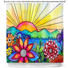 a colorful shower curtain with flowers and mountains in the background at sunset, watercolor on paper