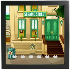 the sesame street building is painted green and has stairs leading up to it's entrance