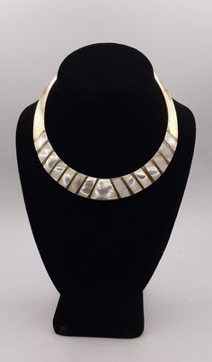 "Vintage Dore` Brass Choker Necklace Gorgeous Inlaid Mother Of Pearl  From a recent estate sale, this piece jumped out at me as a must have. Measures 5\" x 5\". It's a solid piece of jewelry. Gently pre-owned in very good vintage condition. Check out my store at FunkyFeederFinds for more Funky Finds." Brass Choker, Choker Necklaces, Estate Sale, Mother Of Pearl, Choker Necklace, Jewelry Necklaces, Brass, Outfit Inspo, Gold