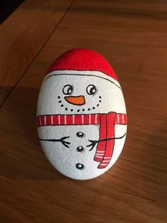 a painted rock with a snowman on it