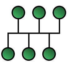 an image of a tree with green balls hanging from it's branches and two circles on each side