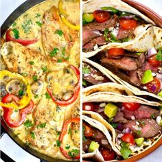 two pictures side by side one has steak and the other has tortilla shells