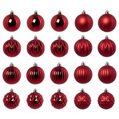 twelve shiny red christmas ornaments arranged in rows