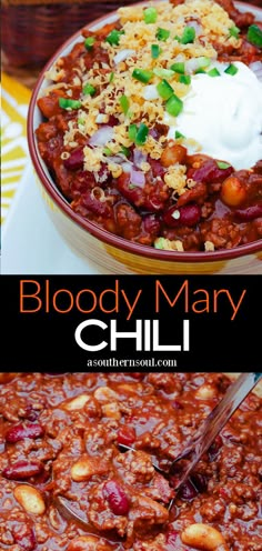 a bowl filled with chili next to another bowl full of beans and other food items