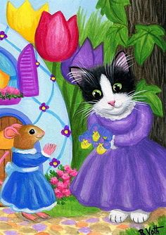 a painting of a black and white cat in a purple dress next to a mouse