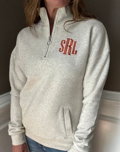 We love these great new colors  New soft and cuddly sweatshirt with quarter zip front. Nice weight to keep your warm on cool Fall days or evenings all year long.    Great quality and fabric that you are sure to love.                           THESE ARE UNISEX-------MONOGRAM INCLUDED ON LEFT CHEST                                            When completing sale, please include your initials for the monogram. List your initials in the order that they would appear in the monogram. Left Initial(first Fall Heather Grey Sweats For Loungewear, Heather Grey Sweats For Fall Loungewear, Heather Grey Sweats For Loungewear, Fall, Super Soft Fleece Sweatshirt For Fall, Cozy Half-zip Sweatshirt For Loungewear, Cozy Fit Half-zip Fall Sweatshirt, Casual Half-zip Sweats For Fall, Soft-washed Fleece Sweats For Fall, Gray Half-zip Sweatshirt For Fall