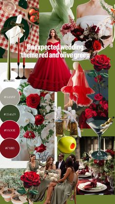 red and green wedding color palettes for the bride and groom, with flowers in vases