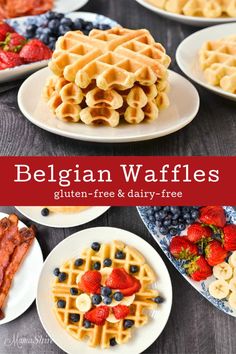 waffles with strawberries, blueberries and bacon on them are served in white plates