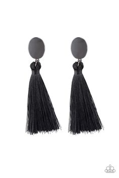 A plume of shiny black thread streams from the bottom of a glistening gunmetal frame, creating a dramatically tasseled look. Earring attaches to a standard post fitting. Sold as one pair of post earrings. P5PO-BKXX-118XX Paparazzi Earrings, Pink Jewels, Wooden Bracelet, Thread Earrings, Black Thread, Paparazzi Accessories, Black Fringe, Seed Bead Necklace, Black Earrings