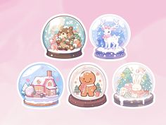 there are four snow globes with animals in them on the pink background and one has a house