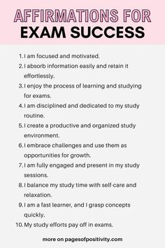 a pink and white poster with the words affirmations for exam success on it