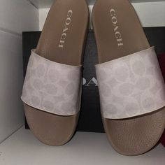 Cream And White, Comes With The Box, Never Worn. Sparkly Chanclas, Coach Slippers, Coach Slides, Fancy Sandals, Coach Sandals, Pretty Sneakers, Latina Outfits, Pretty Sandals, White Slides