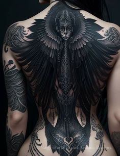 the back of a woman's body is covered in tattoos and features an intricate design