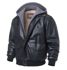 Created in black, this marvelous men's bomber jacket is what you need to stay warm during winter. Crafted from genuine leather, it is filled with cotton for extra softness. Lined with polyester, the loose fit of this air force style jacket offers unmatched comfort. Closed with a zipper, its smart turn-down collar adds a touch of brilliance while the full sleeves offer a snug feel. Get this glorious jacket soon!

Specifications
Brand Name: GeraldBlack
Gender: MEN
Outerwear Type: Leather & Suede
M Casual Leather Hooded Jacket For Winter, Winter Black Leather Jacket With Ribbed Cuffs, Black Leather Outerwear With Ribbed Cuffs, Black Leather Jacket With Ribbed Cuffs For Winter, Leather Outerwear For Cold Weather, Winter Leather Jacket With Double-lined Hood For Outdoor, Black Leather Winter Hooded Jacket, Leather Outerwear With Double-lined Hood For Cold Weather, Classic Hooded Leather Jacket For Winter