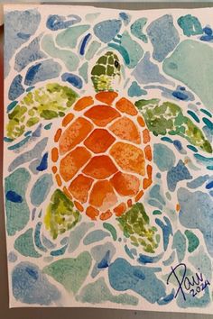 a watercolor painting of a turtle swimming in the ocean with blue, green and orange colors