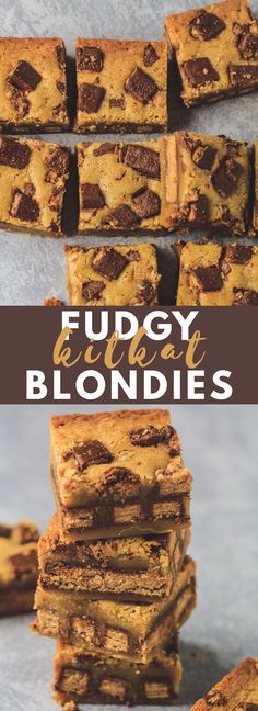 fudge blondies stacked on top of each other with text overlay that reads fudge blondies