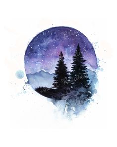 a watercolor painting with trees and the moon