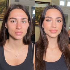 a woman is shown before and after her make - up looks like she's getting ready for the day