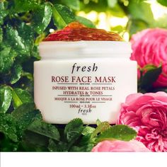 Fresh, Rose Face Mask. What It Does: Its Unique, Cooling Gel Formula Is Infused With Real Rose Petals That Melt Into The Skin, While Pure Rosewater Works To Soothe And Tone The Complexion And Cucumber Extract And Aloe Vera Gel Help Calm Skin With An Immediate Cooling Effect. It Is Further Enriched With Porphyridium Cruentum, A Smart Algae That Delivers Optimum Moisture, And Antioxidant-Rich Green Tea That Helps Brighten And Protect. 100ml/3.3oz Face Mask Peel, Face Mask Peel Off, Fresh Rose Face Mask, Rose Mask, Fresh Skincare, Rose Face Mask, Rose Face, Real Rose Petals, Hydrating Lip Balm