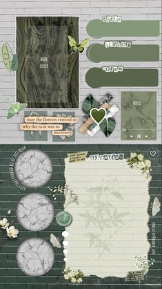 an assortment of papers and stickers on a brick wall with flowers, leaves and hearts