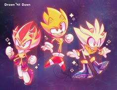 three sonic and tails characters in different poses