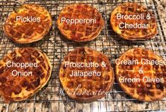 four different types of pizzas on a wire rack with words describing the names and ingredients