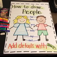 a notebook with the words how to draw people written on it and colored crayons