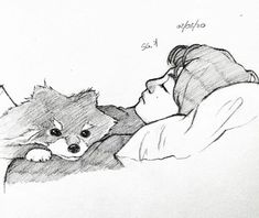 a drawing of a person laying in bed with a dog on their lap and the caption that reads, i love you so much