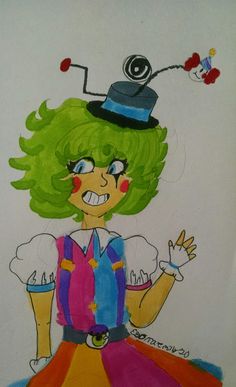 a drawing of a woman with green hair wearing a top hat and colorful dress holding her hand out