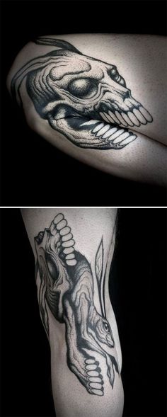 two pictures of tattoos on the legs and one with an animal's head in it