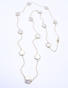 "Luxurious & Classic! This exquisite 5 petals clover flowers charms necklace features 18kt gold plated 13 pieces polished mother of pearl shell 5 petal clover flower charms on long thin links chain. Measuring 30\" long and sturdy lobster claw clasp, the gorgeous dainty clovers necklace looks elegant in a timeless sophisticated classic style. ☆ Specifications: * 18kt Gold Plated / Polished Mother of Pearl Shell Clover Flowers * MEASURES:  30\" Long / LOBSTER CLAW CLASP CLOSURE * CLOVER FLOWERS:  10mm Diameter ☆ FREE SHIPPING WITHIN THE USA VIA USPS GROUND ADVANTAGE MAIL. INTERNATIONAL SHIPPING IS ONLY $18.95 USD VIA USPS FIRST CLASS EXPEDITED INTERNATIONAL MAIL SERVICE. ☆ THANKS FOR LOOKING!" Compass Necklace Silver, Kyanite Jewelry, Flower Charm Necklace, Clover Flower, Charms Necklace, Best Friend Jewelry, Heart Shaped Necklace, Teardrop Dangle Earrings, Clover Necklace