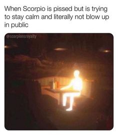 a lit candle sitting on top of a table with the caption saying, when scorpion is placed but is trying to stay calm and literally not blow up in public