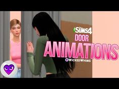 an animated image of a woman standing in front of a door with the words animations