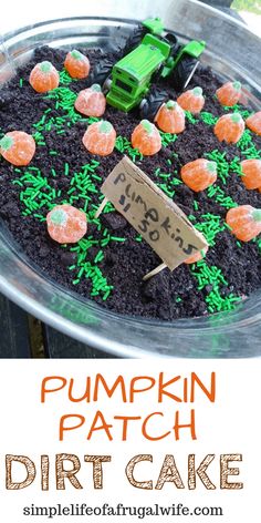 a pumpkin patch dirt cake in a pan with the words pumpkin patch written on it