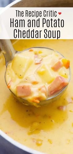 ham and potato cheddar soup in a pot with a spoon