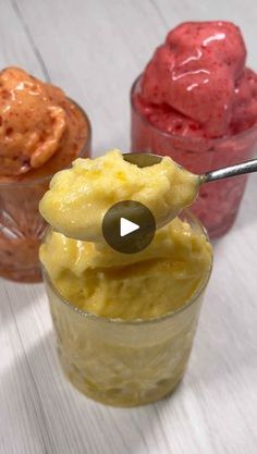 three different types of ice cream in cups