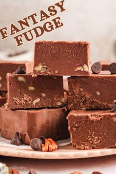 chocolate fudge bars stacked on top of each other